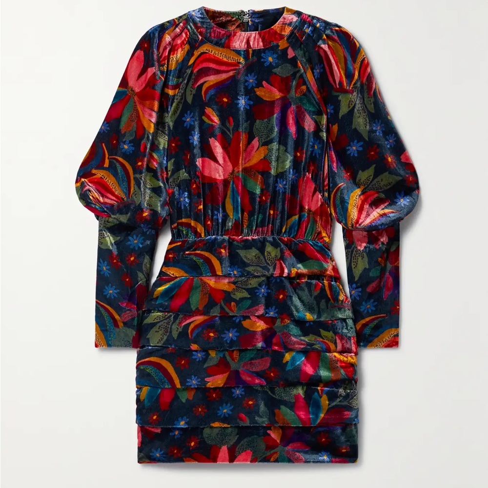 FARM RIO Ruched floral-print velvet mini dress XS